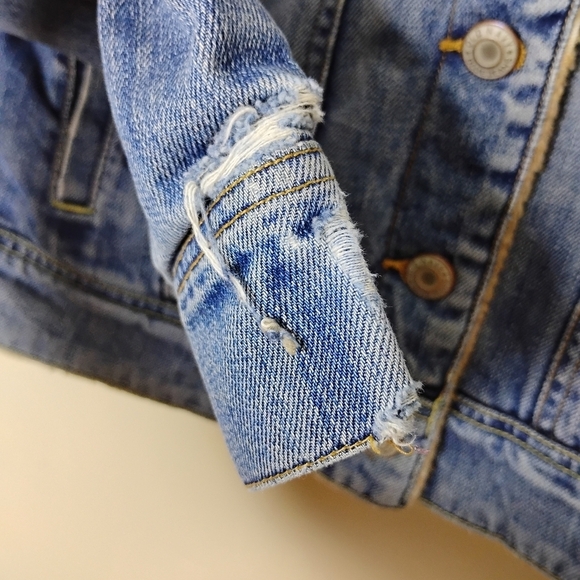 Old Navy Vintage Denim Trucker Jacket 90s Grunge Thrashed Sherpa Lined Indie - Picture 7 of 16